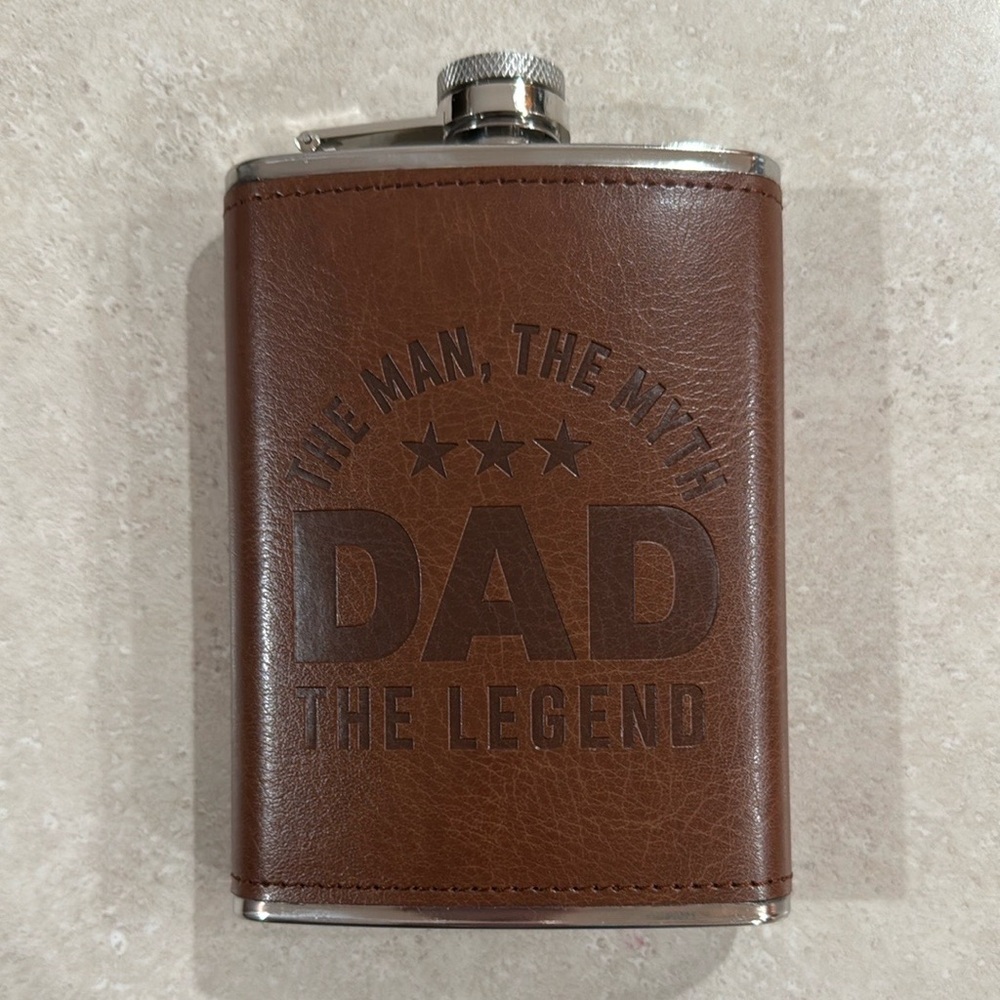 NWT Stainless Steel Brown Faux Leather Flask w/DAD The Man, The Myth The Legend